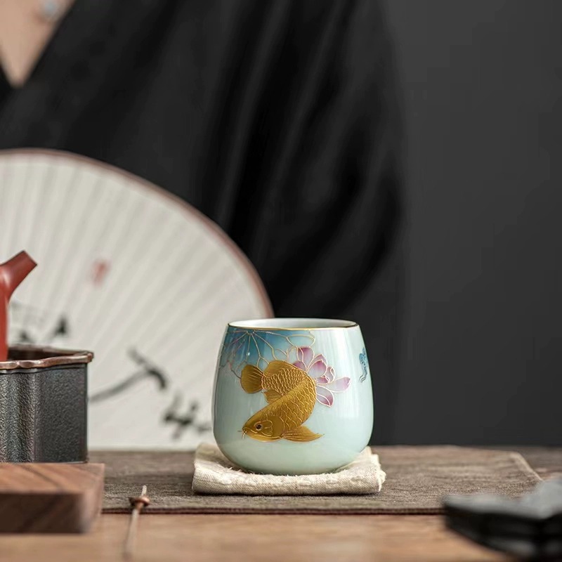 Cá Rồng Vàng Jiqing còn hơn đôi cốc, cốc chủ nhân cao cấp, hộp quà, cốc trà sản phẩm rồng vàng giàu có, cốc trà quà tặng bộ sưu tập