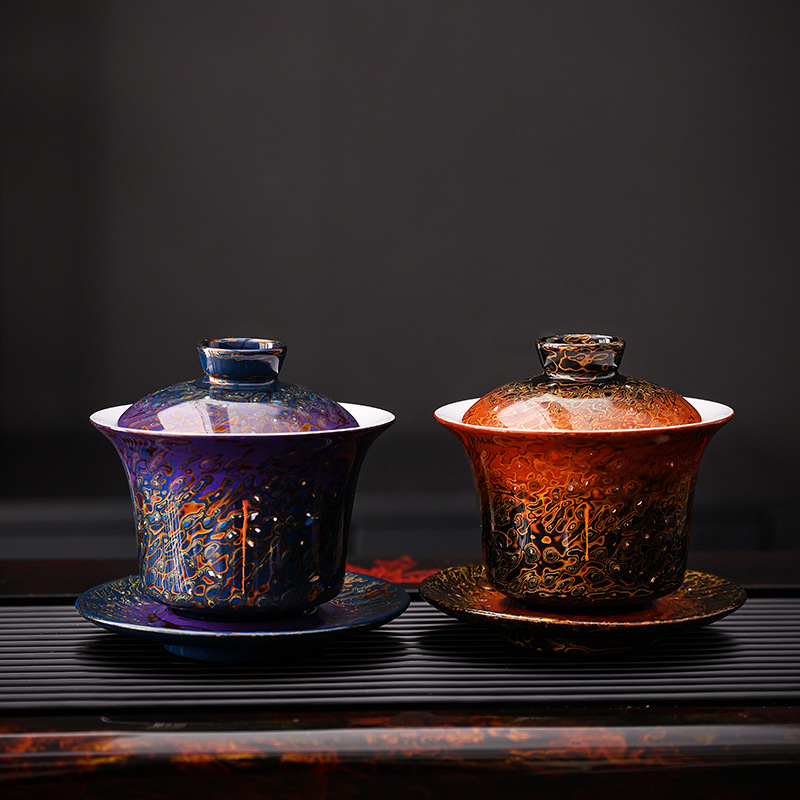 Gaiwan sơn mài lớn Sancai gradient gốm sứ sơn mài bộ trà thủ công tách trà Trung Quốc quà tặng cao cấp đặc biệt kho báu màu đỏ.