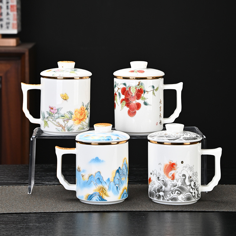Cốc pha trà sứ trắng ngọc bích cao cấp cốc tách trà gốm sứ cốc văn phòng có nắp cốc lọc chuyên dụng cá nhân