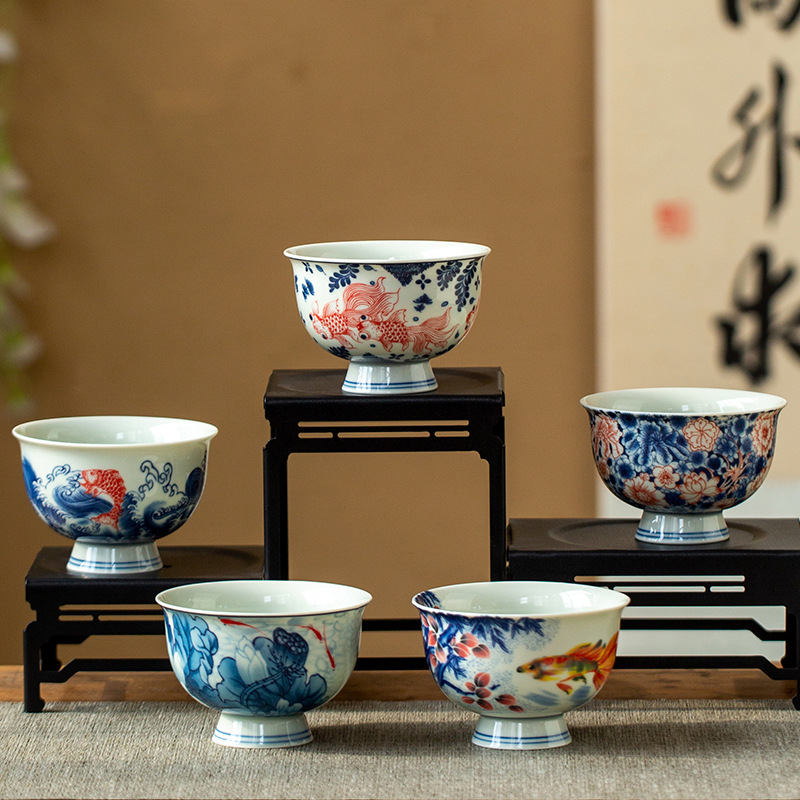 Jingdezhen cũ gốm đất sét màu xanh và trắng phong cảnh cao cấp cốc chủ sở hữu bộ trà Kung Fu cốc trà đơn cốc trà gốm lớn