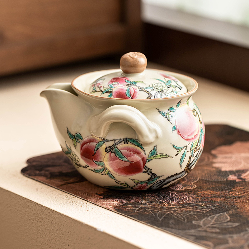 Ấm cầm tay Ruyao Pastel Nine Peach Ruyi Ấm trà bộ trà Kung Fu gốm sứ Ấm trà gia dụng không nóng lọc tay