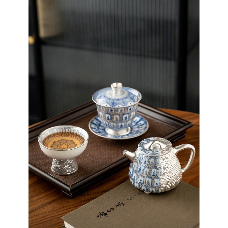 Ấm trà bạc nguyên chất He Fusen Ấm pha trà xanh trắng Vạn Phật ở Động Đôn Hoàng