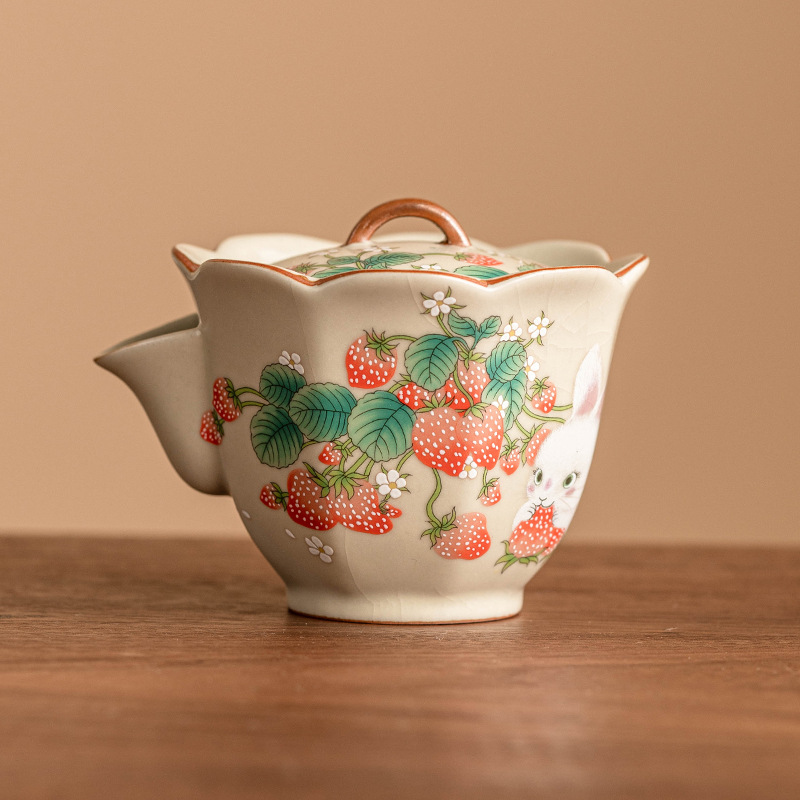 Ấm trà lò Ru Thỏ Dâu ấm trà gia dụng dễ thương Bộ ấm trà Kung Fu cao cấp ấm cầm tay gốm sứ có thể mở