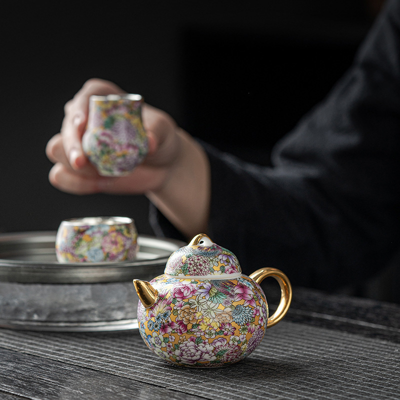 Bộ trà mạ bạc tráng men cloisonné cao cấp cốc chủ nhân bộ trà Kung Fu tách trà ấm một ấm hai cốc hộp quà