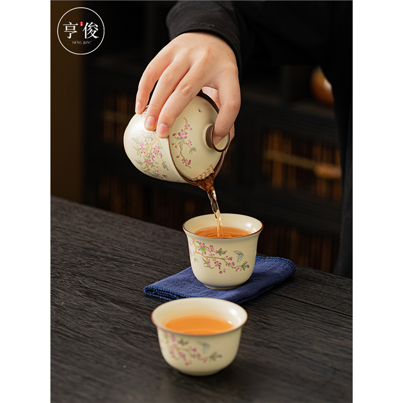 Du lịch một ấm hai cốc cầm tay ấm trà hoa tử đằng bộ ấm trà bộ ấm trà cốc nhanh pha trà gốm cầm tay cầm tay