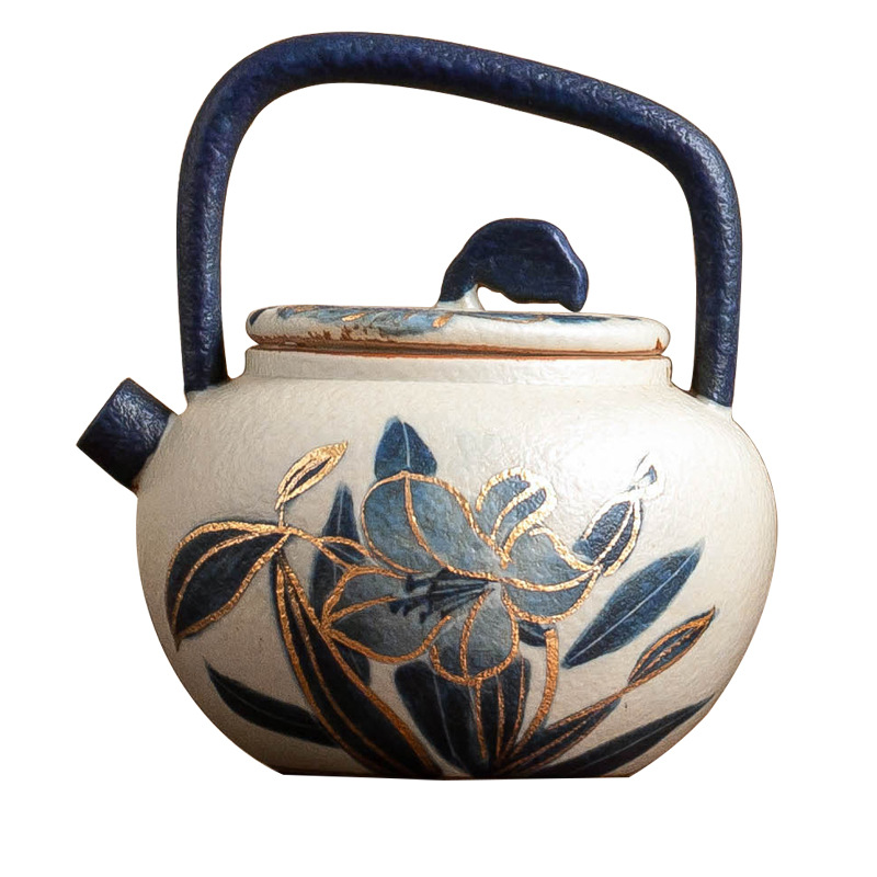 Ấm trà gốm sứ đá lửa trắng xanh, ấm cầm chùm hoa huệ vẽ tay bằng vàng, dụng cụ pha trà Kung Fu gia dụng, ấm đơn có lọc