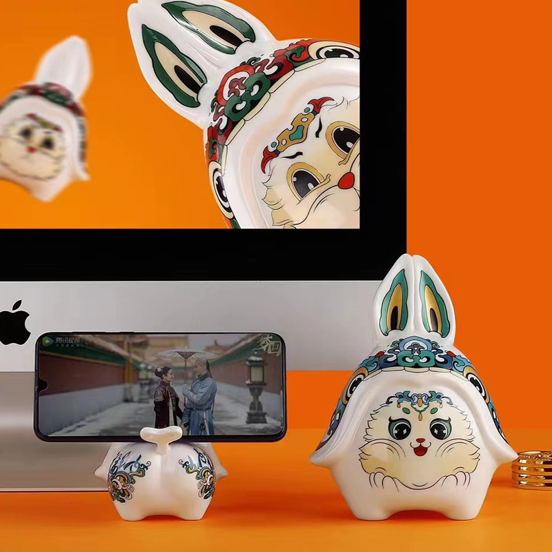 Đồ trang trí Hũ Đựng Tiền Thỏ Gốm sứ, Giá đỡ điện thoại hoạt hình dễ thương, Tặng quà trang trí nhà cửa, linh vật năm Thỏ