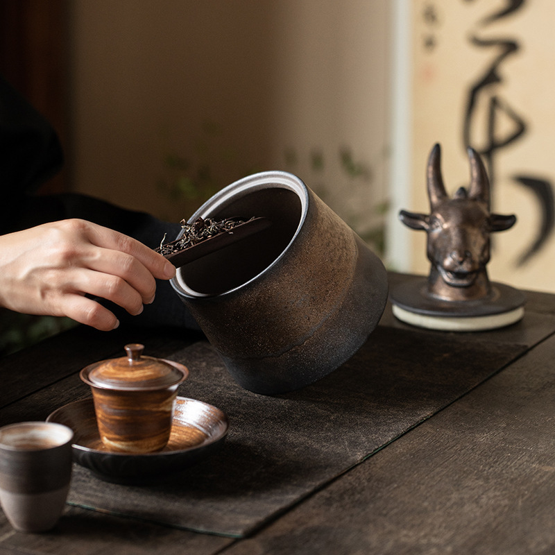 Hộp đựng trà men sắt mạ vàng mười hai cung hoàng đạo, hộp đựng trà kín, hộp đựng gốm sứ, Trà đen Tieguanyin, hộp đựng trà Pu'er