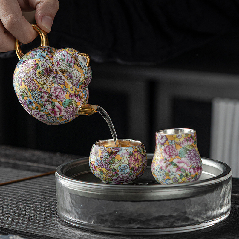 Bộ trà mạ bạc tráng men cloisonné cao cấp cốc chủ nhân bộ trà Kung Fu tách trà ấm một ấm hai cốc hộp quà