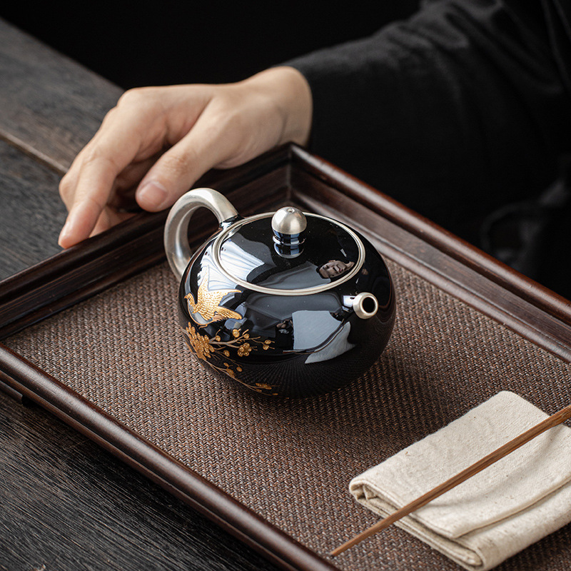 Da'antang bán buôn ấm Xishi lông mày ấm trà mạ bạc thủ công ấm trà Kung Fu tráng men ngọc trai hộp quà