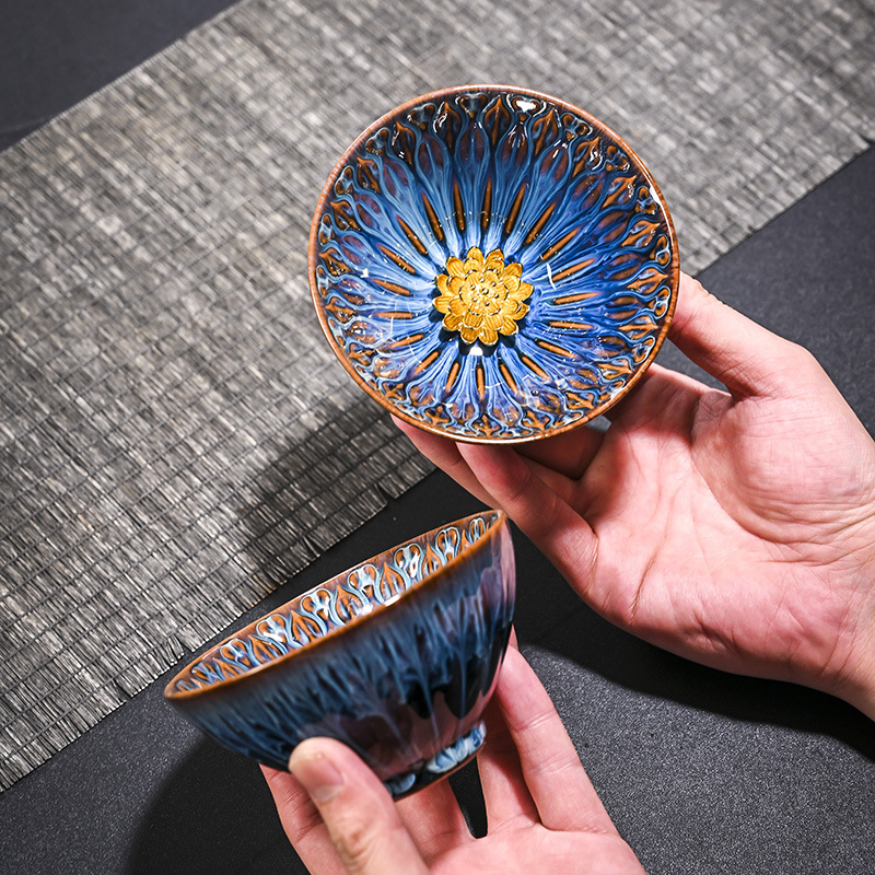 Cốc chủ nhân bằng bạc dát lò nung, cốc trà gốm sứ mạ vàng, bộ trà, chén trà, bát trà đơn, chén trà Kung Fu gia dụng, chén xây