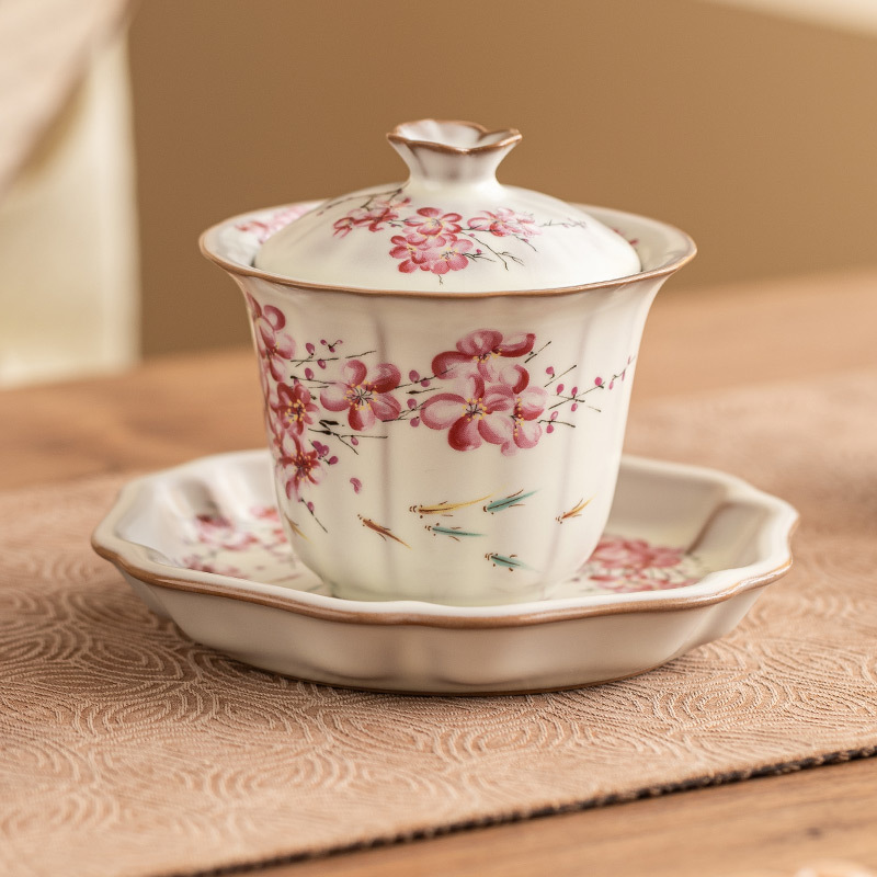 Bát có nắp ba hoa lê đông lạnh mỡ lợn, bộ trà nữ, bát pha trà Kung Fu, bát trà cao cấp có nắp đậy