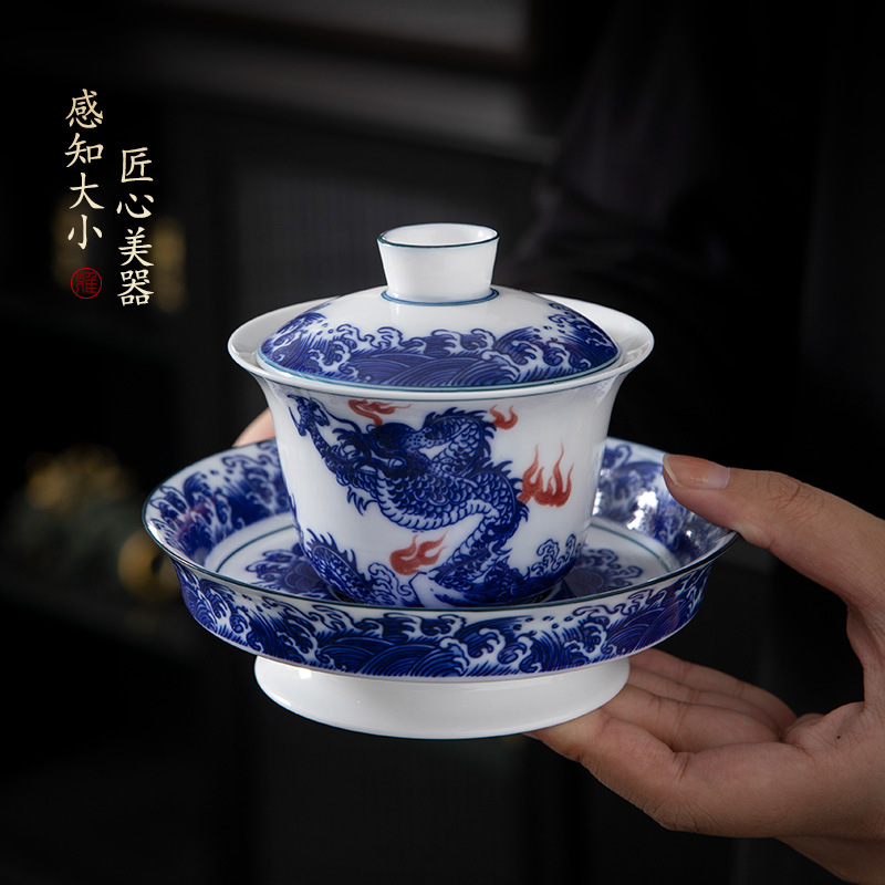 Guo Chao màu xanh và trắng sứ lớn bát có nắp ba tài cốc trà bộ trà Kung Fu gia dụng dụng cụ pha trà uống trà bát trà bán buôn