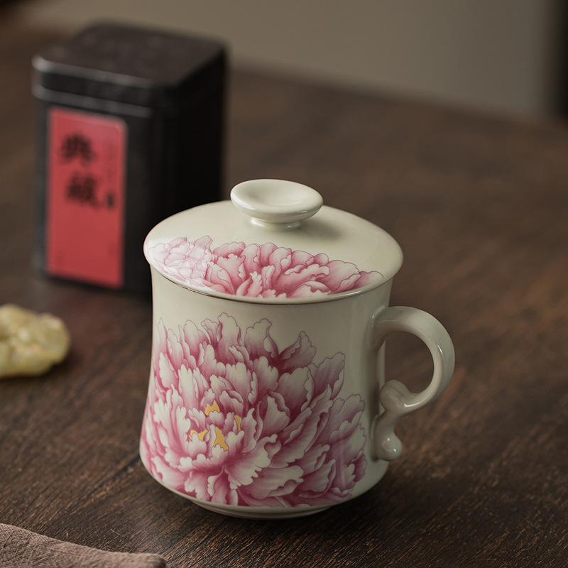 Cổ Ru Lò Hoa Mẫu Đơn Hình Lưỡi Liềm Cốc Nước, Gốm Văn Phòng Trà, Cốc Có Nắp, Lọc Trà