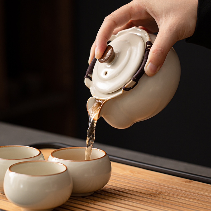 Bộ dụng cụ pha trà Ru Kiln mẫu mới 2024 bộ bát nắp cao cấp sang trọng nhẹ gia dụng ấm cầm tay cốc trà Kung Fu bộ pha trà