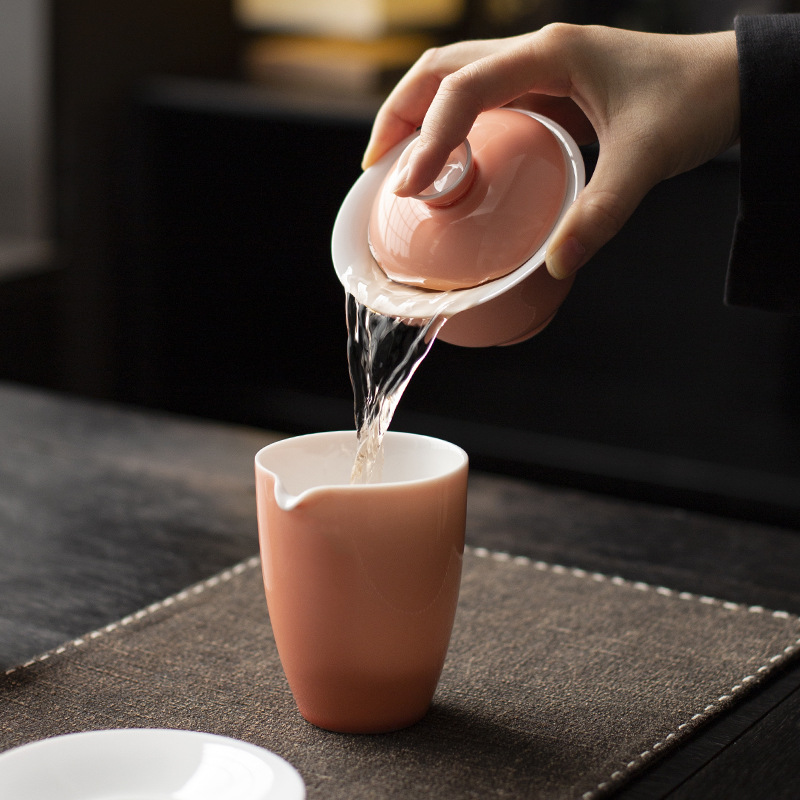 Tách trà gốm sứ Sancai màu hồng, có nắp, không nóng khi chạm, bộ ấm chén trà Kung Fu