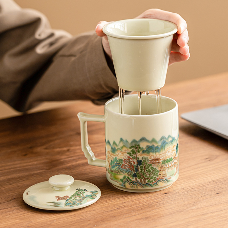 Cốc pha trà phong cảnh tráng men màu vàng bí mật cốc chuyên dụng cá nhân cốc tách nước trà có nắp cốc văn phòng gốm sứ Trung Quốc