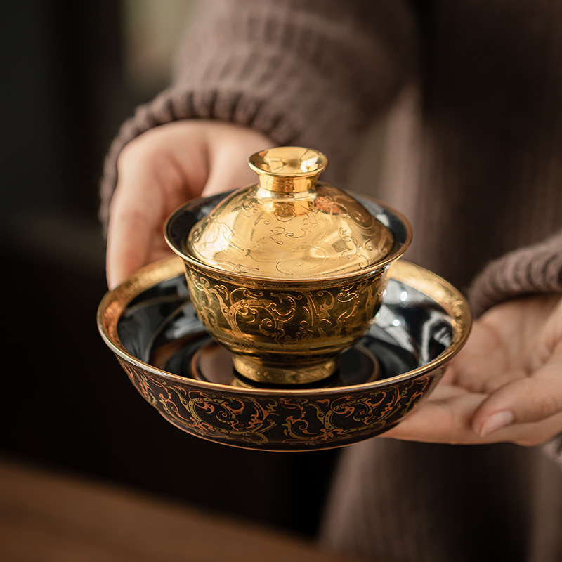 Song Yu mạ vàng hoa văn Chilong một bát hai cốc bộ ấm trà gốm sứ gia dụng nắp cốc trà bộ trà hộp quà tặng