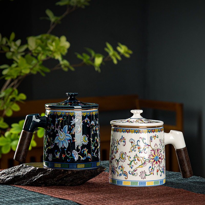 Cốc trà gốm sứ sáng tạo cốc pha trà tách nước cốc pha trà có nắp đậy bằng gỗ chống bỏng cốc lọc văn phòng gia dụng