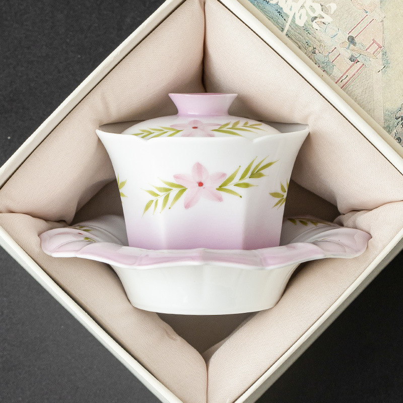 Vẽ tay gradient tím ba tài có nắp đậy bát pha trà gốm sứ Dream Lock Yan Bộ trà Kung Fu cao cấp có nắp ấm một tay