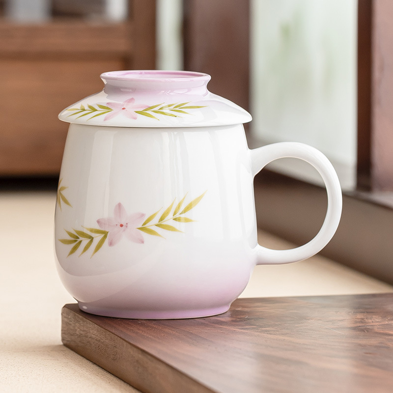 Cốc văn phòng bằng gốm màu tím gradient có nắp để sử dụng tại nhà, cốc uống nước, cốc ăn sáng, bộ trà.