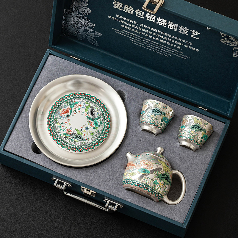 Bộ ấm trà hoa văn tảo và cá mạ bạc 999 nhà máy gửi quà tặng ngày lễ cho người lớn tuổi, giáo viên và cha mẹ