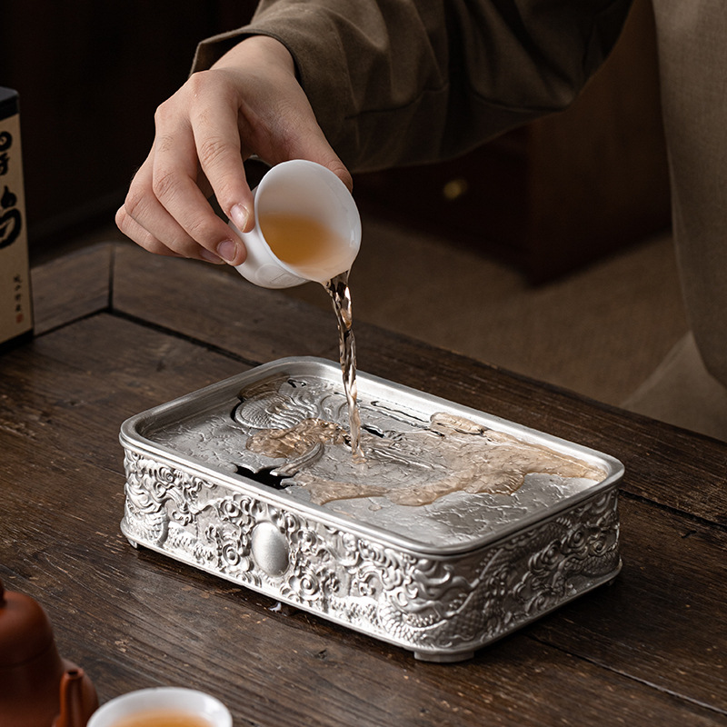 Di sản văn hóa phi vật thể quốc gia mới ấm thiếc hoa văn rồng nguyên chất bàn pha khô kiểu Trung Quốc khay trà nhỏ Bộ trà Kung Fu phụ kiện trà đạo