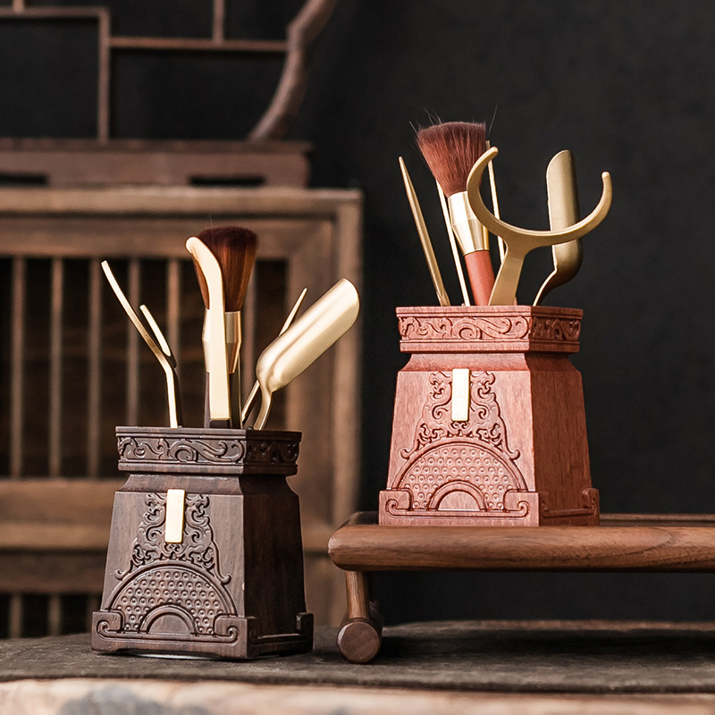 Phụ kiện Bộ trà gỗ rắn đồng thau sáu quý ông Bộ dụng cụ lót tách trà gỗ Mun trà đạo 6 quý ông Phụ kiện trà