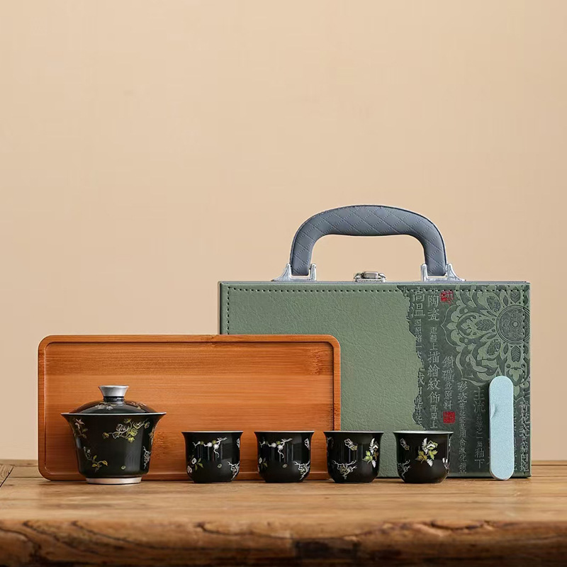 Khay trà bốn tách tráng men đen, bộ trà du lịch, cốc trà có nắp, dụng cụ pha trà Kung Fu, quà tặng ngày lễ