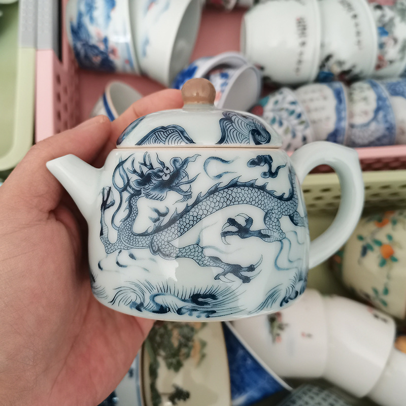 Ấm trà hoa văn rồng trắng gốm sứ Jingdezhen ấm lọc bộ trà Kung Fu gia dụng cao cấp ấm pha trà có khay đựng trà