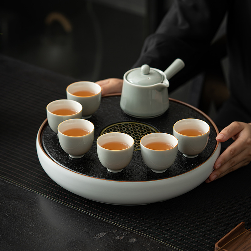 Khay xốp khô hình tròn gốm Ru Kiln Bàn trà nhỏ đơn giản gia dụng kiểu Nhật Khay đựng đồ trà Kung Fu khay đựng nước dung tích lớn
