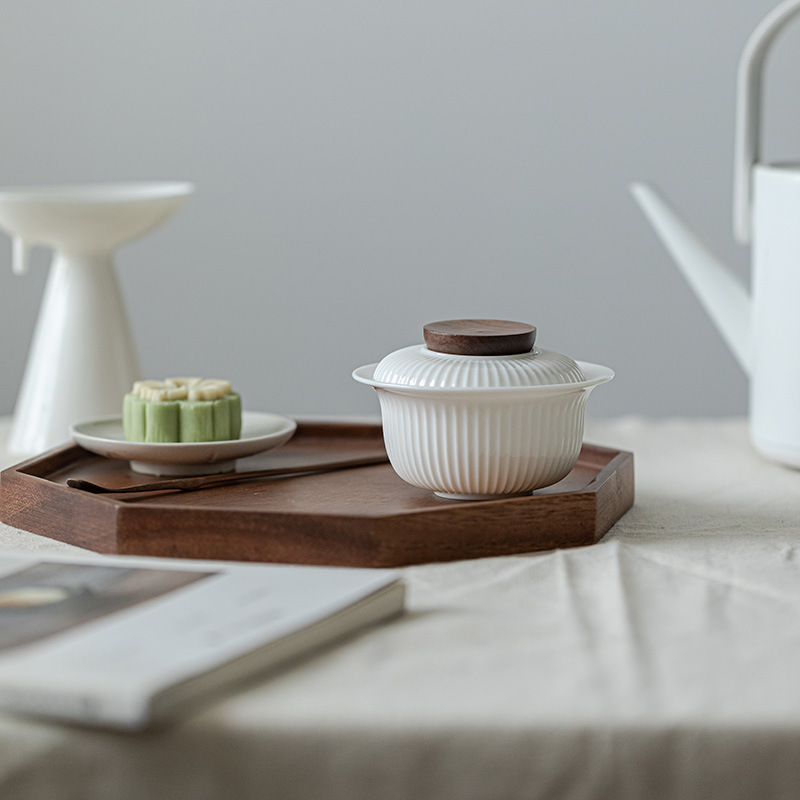 Đức Hoa mỡ cừu ngọc sứ trắng có nắp bát trà nhị tài, nút nắp gỗ không nóng tay, bộ trà Kung Fu gốm sứ mỏng có vân dọc