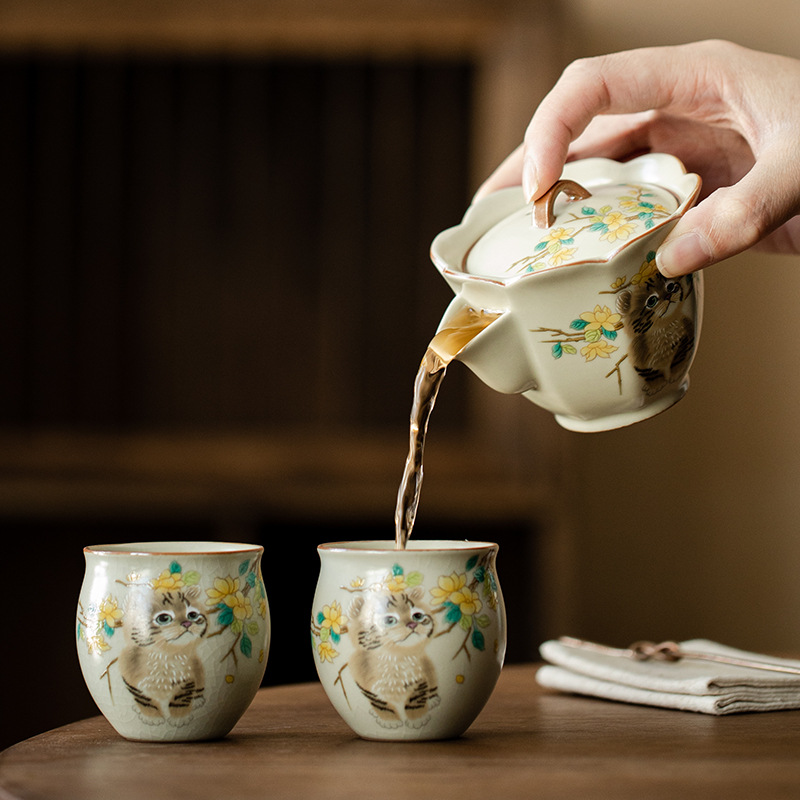 Ấm cầm tay miệng hoa mèo dễ thương Ấm pha trà cỡ nhỏ không nóng ấm đơn ấm lò Ru có thể dùng trong gia đình Bộ trà Kung Fu