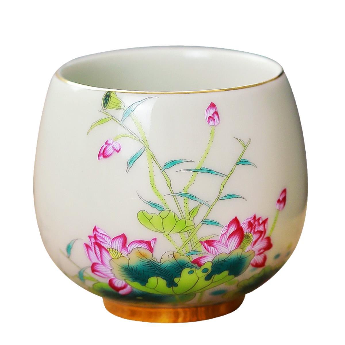 Cốc thiền trong gốm sứ Cửu đào hoa sen lựu anh túc long trứng gia đình quốc triều pha trà chủ cốc