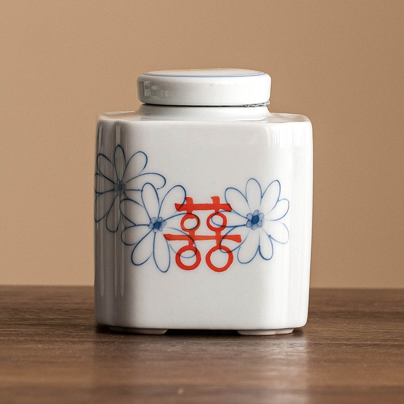 Bình trà vẽ tay, bình lưu trữ vuông hoa cúc gốm sứ, bình lưu trữ vuông, bình lưu trữ trà, bình lưu trữ chống ẩm