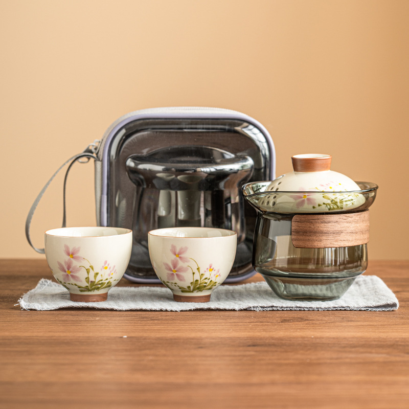 Bộ ấm trà du lịch hoa cúc nhỏ di động thiết bị pha trà ngoài trời ấm cầm tay thủy tinh cốc nhanh một ấm hai cốc
