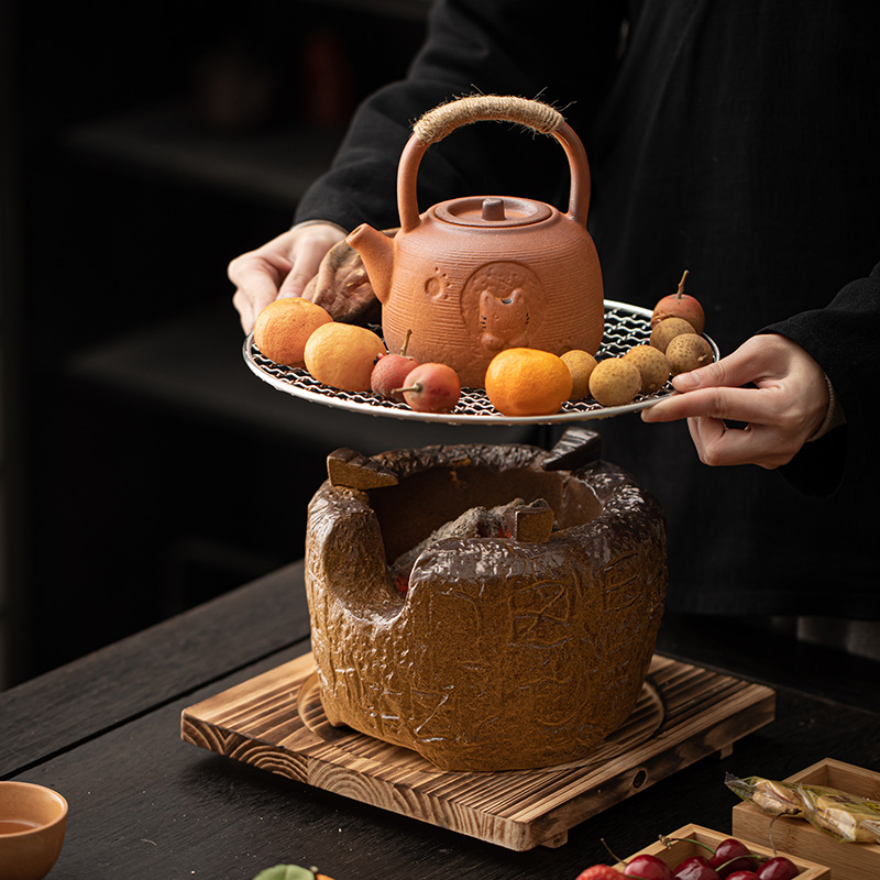 Nấu trà trong lò, bếp than đốt lửa, bếp than đốt, gốm thô, xà nâng bên, nồi đất nung, nhiệt độ nước, bếp than nấu trà, Bộ pha trà