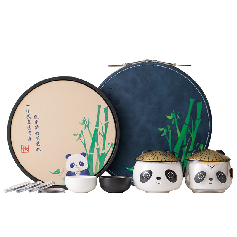 Bộ ấm trà sang trọng nhẹ nhàng phong cách dễ thương đơn giản gốm sứ túi xách du lịch ngoài trời một ấm bốn cốc ấm trà gấu trúc