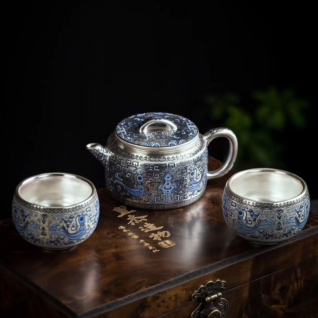 Bộ trà bạc Zhou Hongjie 999 bộ một ấm hai cốc hộp quà ấm pha trà tinh tế bộ trà Kung Fu