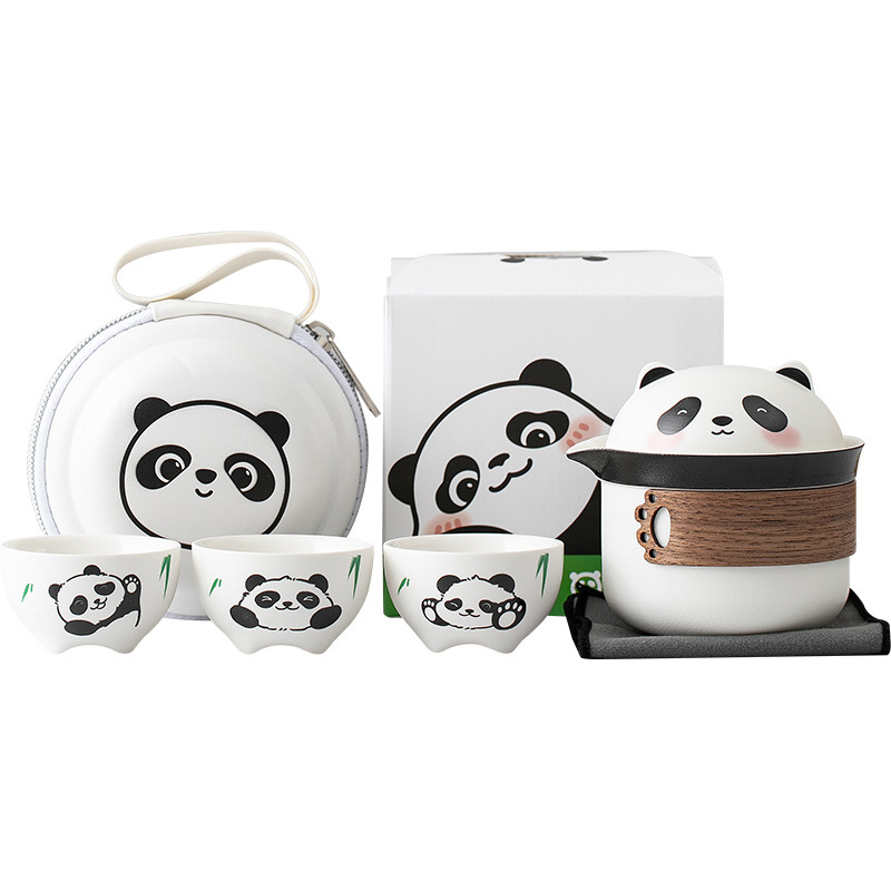 Bộ dụng cụ trà du lịch di động bằng gốm sứ Panda Kuaike Cup Bộ một ấm ba cốc cắm trại ngoài trời ấm trà