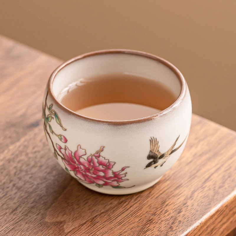 Cốc chủ lò Ru cao cấp, thạch mỡ lợn, hoa mẫu đơn, cốc trà, bộ trà gốm sứ, cốc trà Kung Fu, cốc đơn