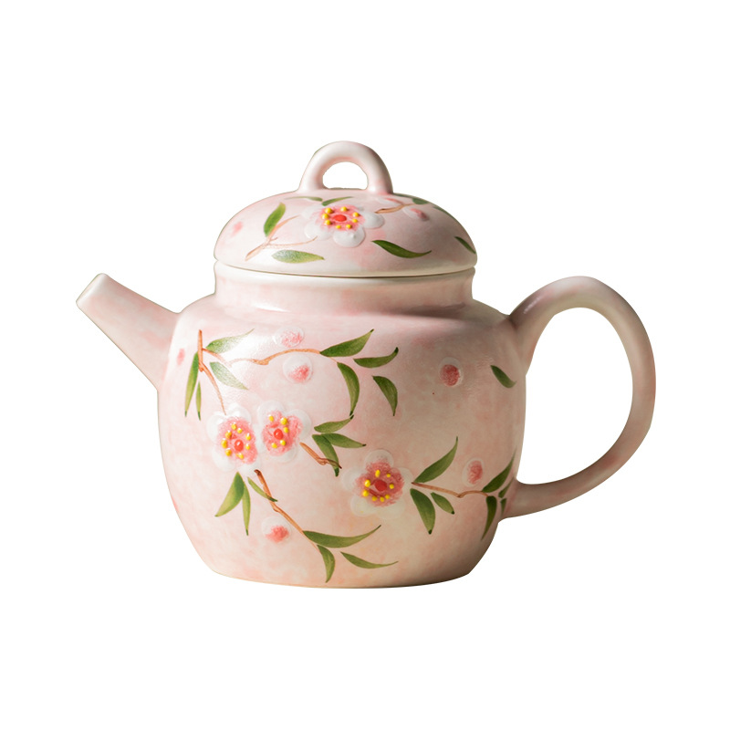 Bộ ấm chén trà Kung Fu gốm sứ nhỏ họa tiết hoa đào vẽ tay, hộp quà tặng