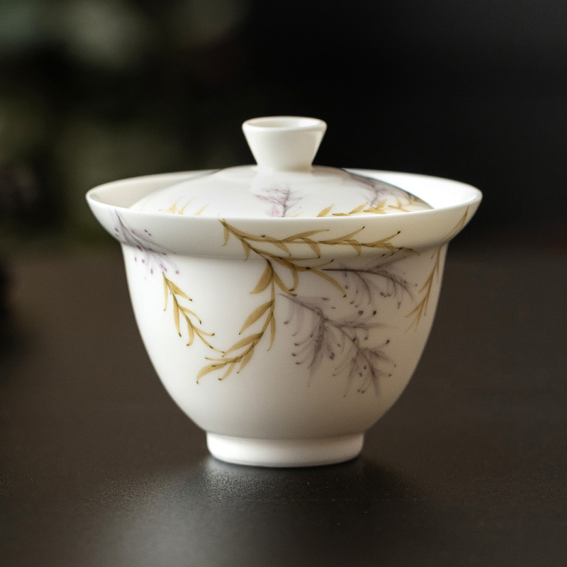 Cốc trà nắp gốm sứ cốc trà vẽ tay hoa tử đằng gấp mép bát pha trà bộ trà cao cấp cỡ lớn gia dụng dụng cụ pha trà Kung Fu