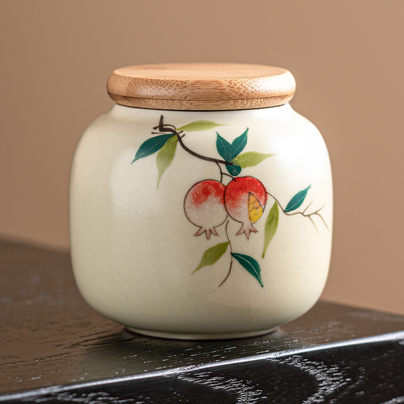 Nồi trà lựu vẽ tay Ru Kiln, bình kín cầm tay chống ẩm nhỏ, bình đựng trà nắp tre gia dụng, kho trà gốm sứ
