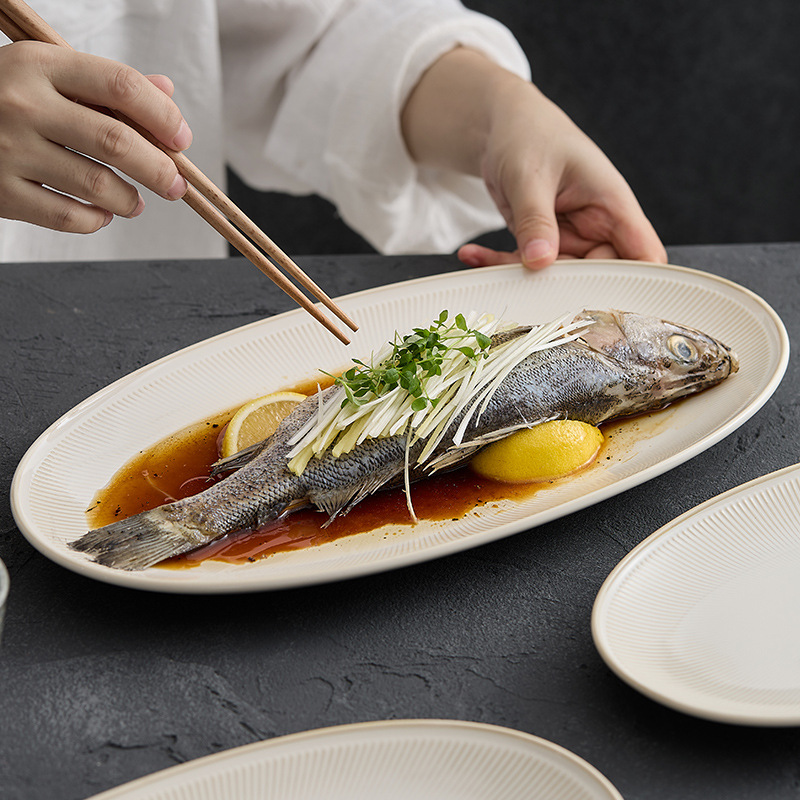 Khay cá vàng be khay hấp cá gia dụng khay đựng cá hình bầu dục cao cấp khay đựng cá gốm sứ cỡ lớn khay đựng thức ăn chuyên dụng