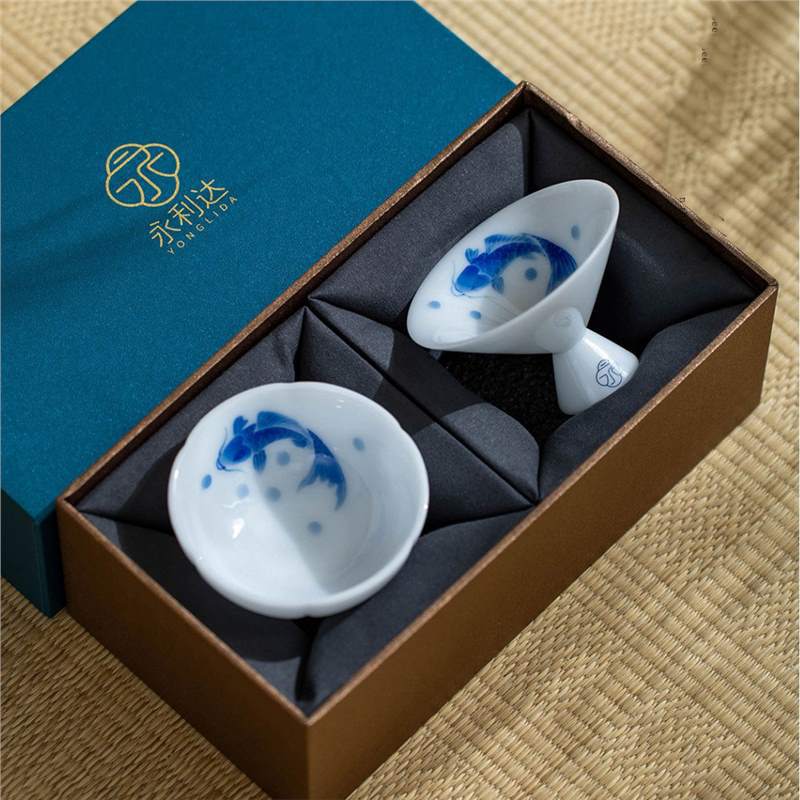 Cốc trà Koi vẽ tay bằng sứ đá pha lê Yunwo cốc chủ nhân cốc hương thơm cốc cá nhân cốc trà Kung Fu quà tặng sứ trắng