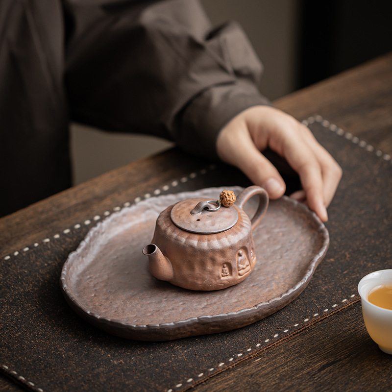 Khay trà gốm thô đất đá cũ khay xốp khô hình vuông khay trà bàn trà nhỏ gia dụng cổ điển ấm trà cầm tay bộ trà Kung Fu