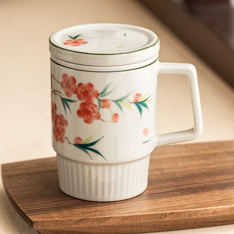 Cốc trà hoa đào vẽ tay cốc văn phòng cốc gốm cốc tách trà cốc pha trà cốc uống nước gia dụng có nắp