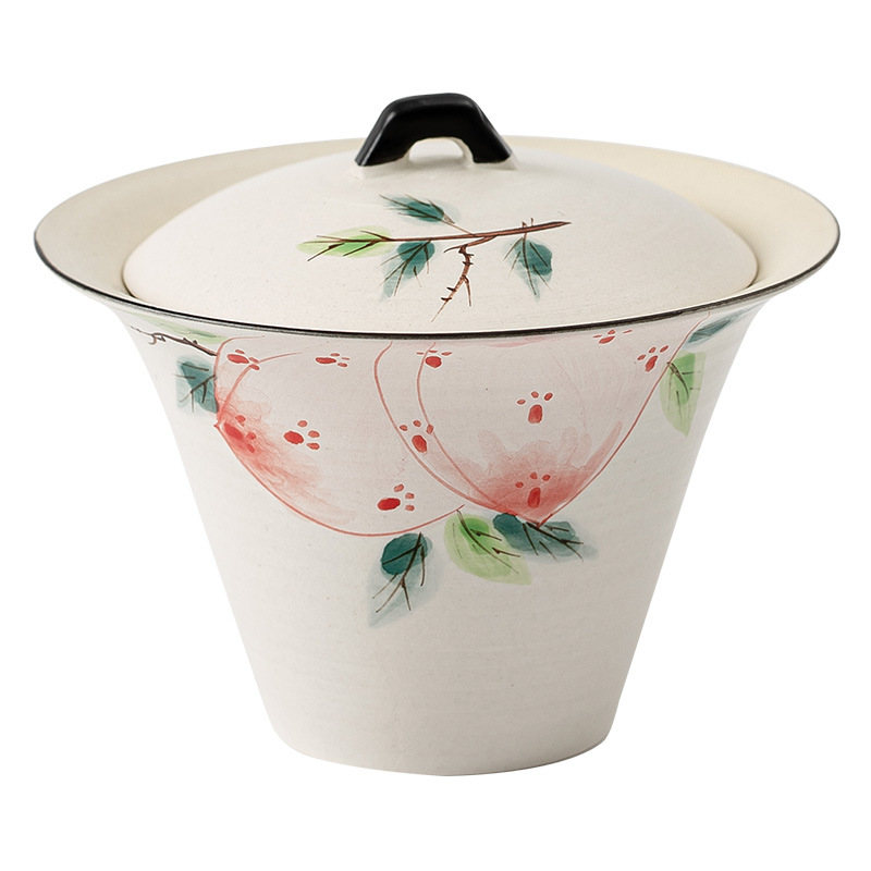 Wabi-Jifeng bột trích vẽ tay đào Trường Thọ móng ngựa Nắp bát gốm sứ hai Nắp bát lớn chén trà đá dụng cụ pha trà