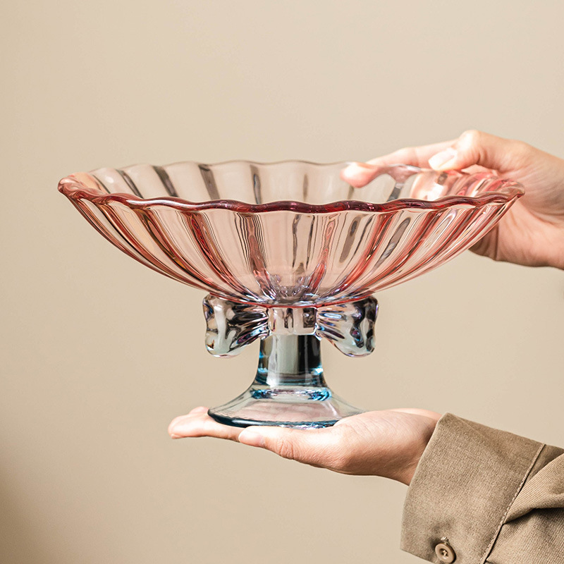 Cổ cao thắt nút đĩa trái cây lớn, bàn cà phê phòng khách, đĩa giải khát đồ ăn nhẹ gia dụng, đĩa bày trí giá trị cao, đĩa đựng trái cây thủy tinh, đĩa cống